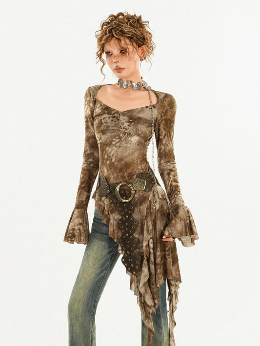 Asymmetrical Hem Bell Sleeve Coffee Blouse