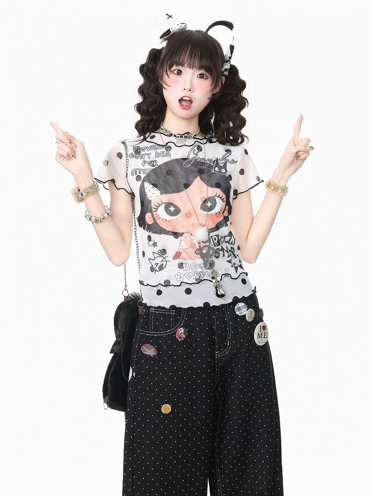 Cartoon Girl & Polka Dot Print White Mesh Short Sleeve T-Shirt - Languid Park