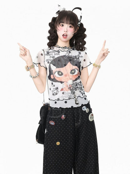 Cartoon Girl & Polka Dot Print White Mesh Short Sleeve T-Shirt - Languid Park