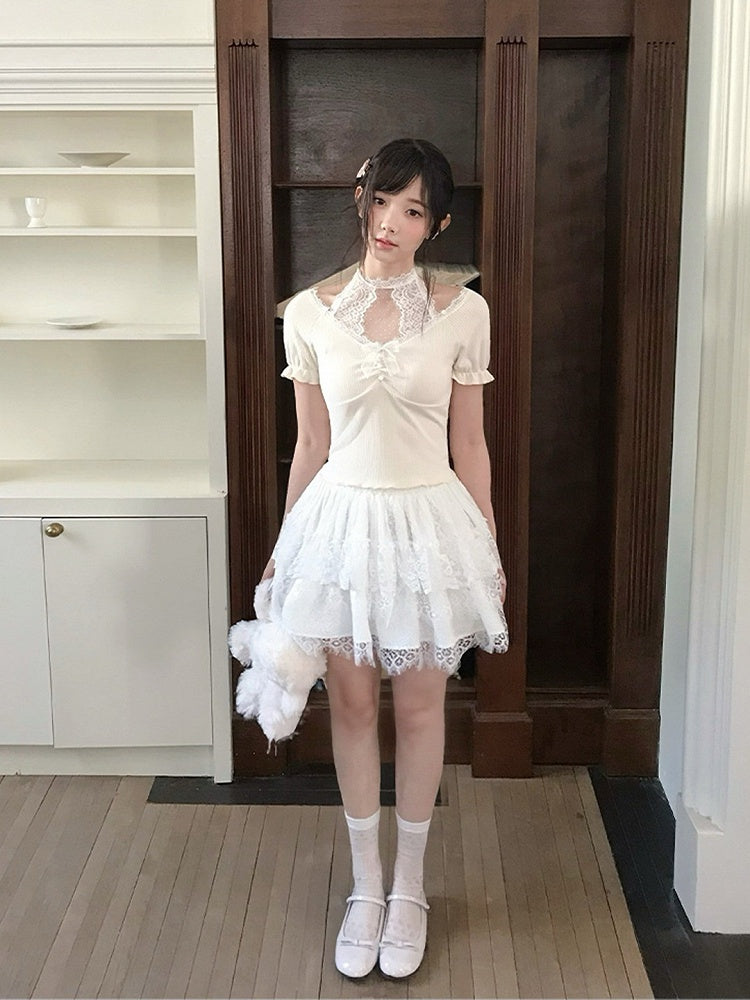 Fashion Skirt White Multi-Layer Lace Trim Seiso-Kei