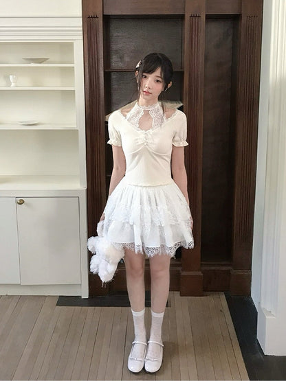 Fashion Skirt White Multi-Layer Lace Trim Seiso-Kei