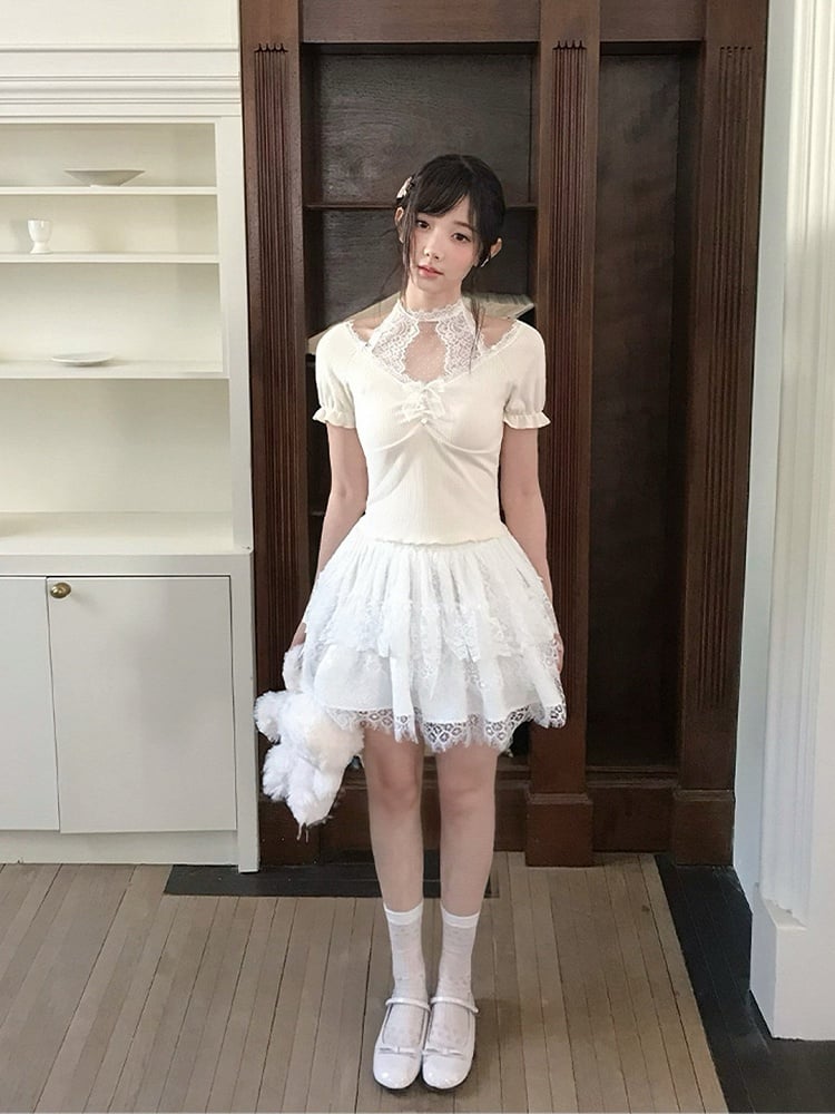 Short Sleeve Apricot Top Knit Seiso-Kei Lace Halter