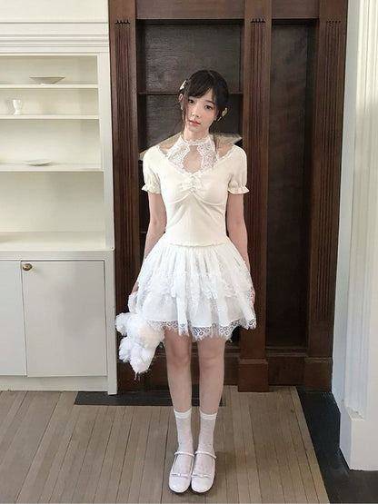Short Sleeve Apricot Top Knit Seiso-Kei Lace Halter