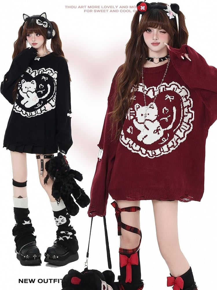 Black Striped Bunny Ears Hooded V-neck Cardigan