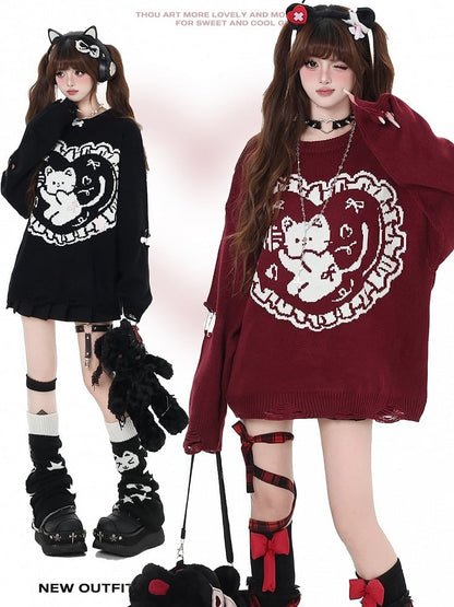 Black Striped Bunny Ears Hooded V-neck Cardigan