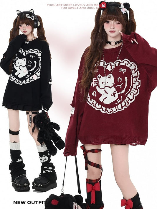 Black Striped Bunny Ears Hooded V-neck Cardigan