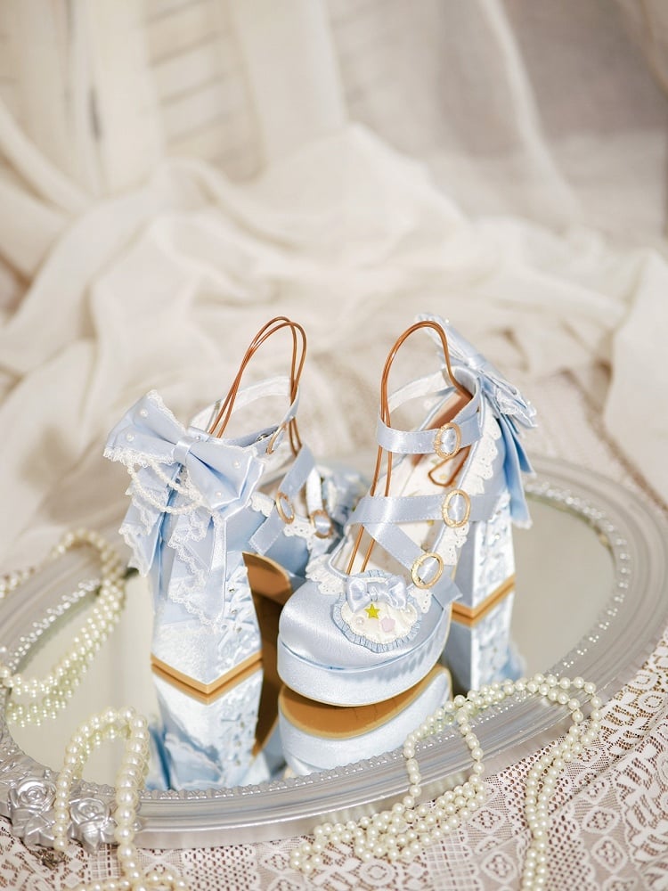 Light Blue Round-Toe Lolita Shoes, 11.5CM Bowknot Block Heel, Pearl & Shell - Bad Bear