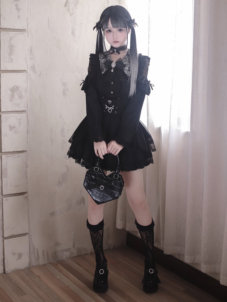 - Shoulders Blouse Kei Jirai Collar Black Lace-Cutout Pointed Gothic Style with