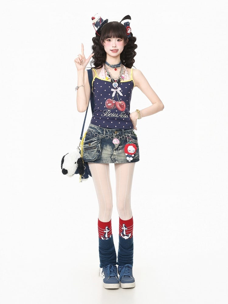 Sweet Cool Kawaii Navy Fake Two-Piece Halter Camisole Top with Star and Cherry Prints - Languid Park