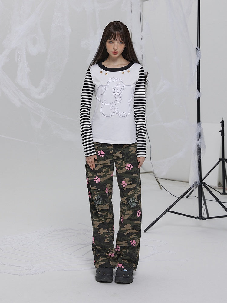 Pink Pants Camouflage Cat with Details Paw Rhinestone