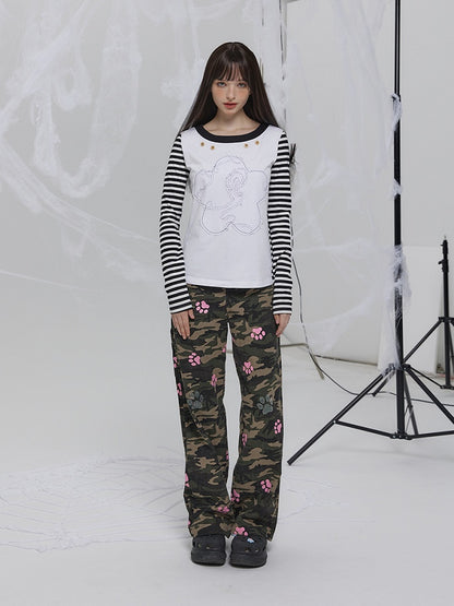 Pink Pants Camouflage Cat with Details Paw Rhinestone