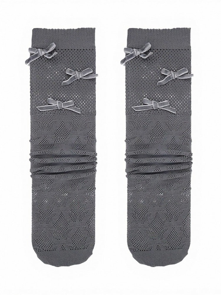 4-Color Ribbed Mesh Calf Socks with Bow Decoration - ModaSwings