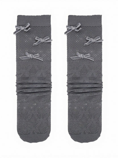 4-Color Ribbed Mesh Calf Socks with Bow Decoration - ModaSwings