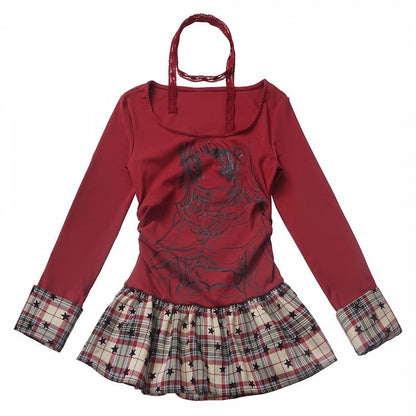 Design Top Round Neck Anime Girl Print Star White/Red Plaid Patchwork Pattern