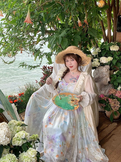 Urlaub Plus Größe Cami Kleid Spitze Patches Saum Ölgemälde Druck Weiß