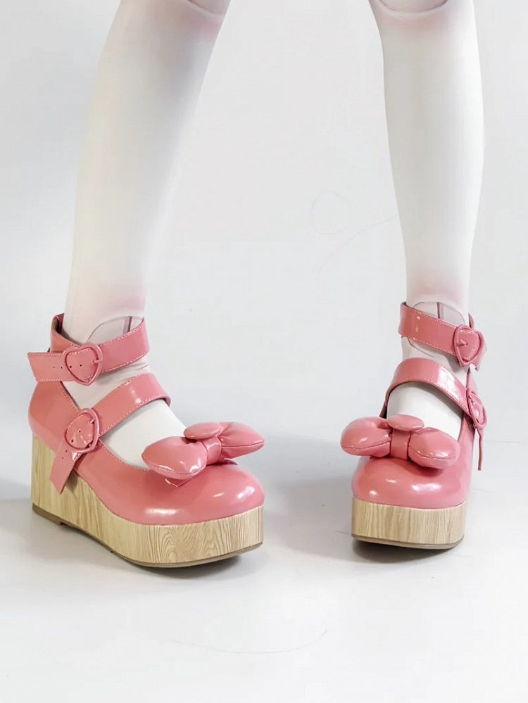 Buckles Lolita Pink Sweet - Heart at Top Bow Dark Platforms