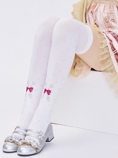 White Polka-dot Spoon and Bow Pattern  Over Knee Stockings