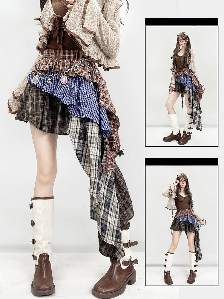 ミラードチェック柄ブラウンスカート ティアードファッション アシンメトリーヘムパターン