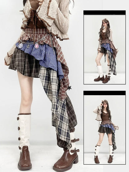 ミラードチェック柄ブラウンスカート ティアードファッション アシンメトリーヘムパターン