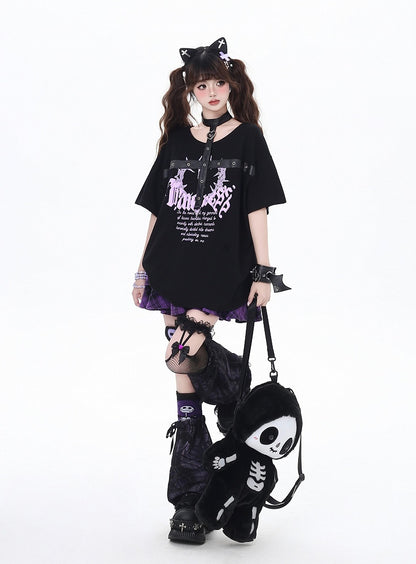 Black/Pink Glamorous Graphic T-Shirt with PU Straps Y2K Halter Neck