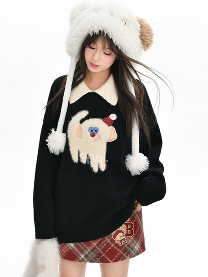 Cute Monkey Pattern Navy Blue Polo Collar Sweater