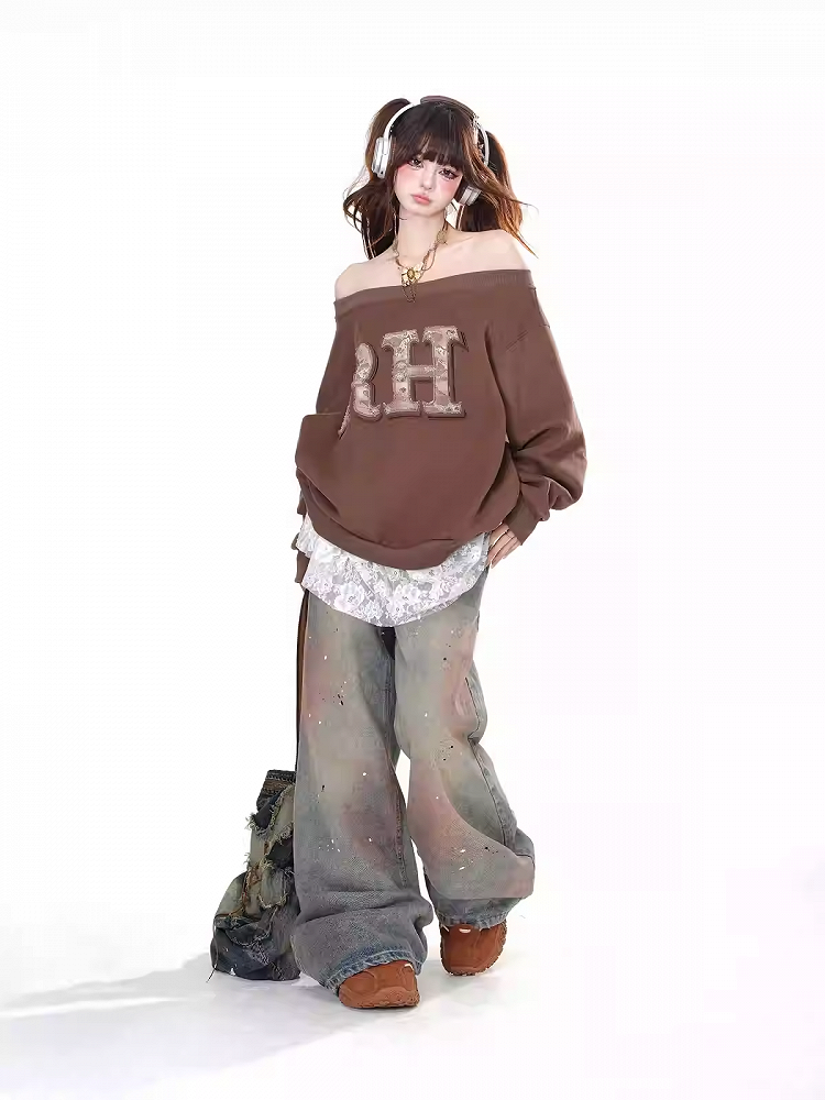 ブラウン/グレー オフショルダー ネックライン レター ルーズ スウェットシャツ