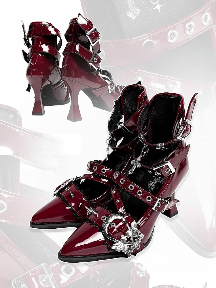 - Rote High Heels mit Nieten, spitzer Zehenpartie, Schnalle, Gothic-Herz, Weinkegel