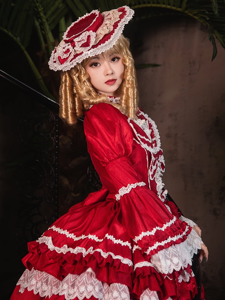 Wunderschönes Lolita-Kleid mit gestuftem Rüschenrock, Puffärmeln und Glockenärmeln in Rot