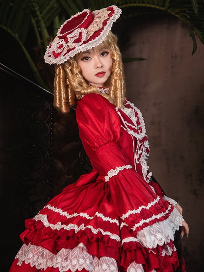 Wunderschönes Lolita-Kleid mit gestuftem Rüschenrock, Puffärmeln und Glockenärmeln in Rot