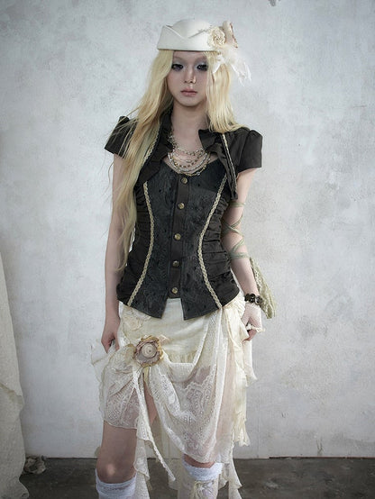 Punk Army Green Faux Two-Piece Short Sleeve Blouse with Lace and Ruffle Trim - NO ROMANCE