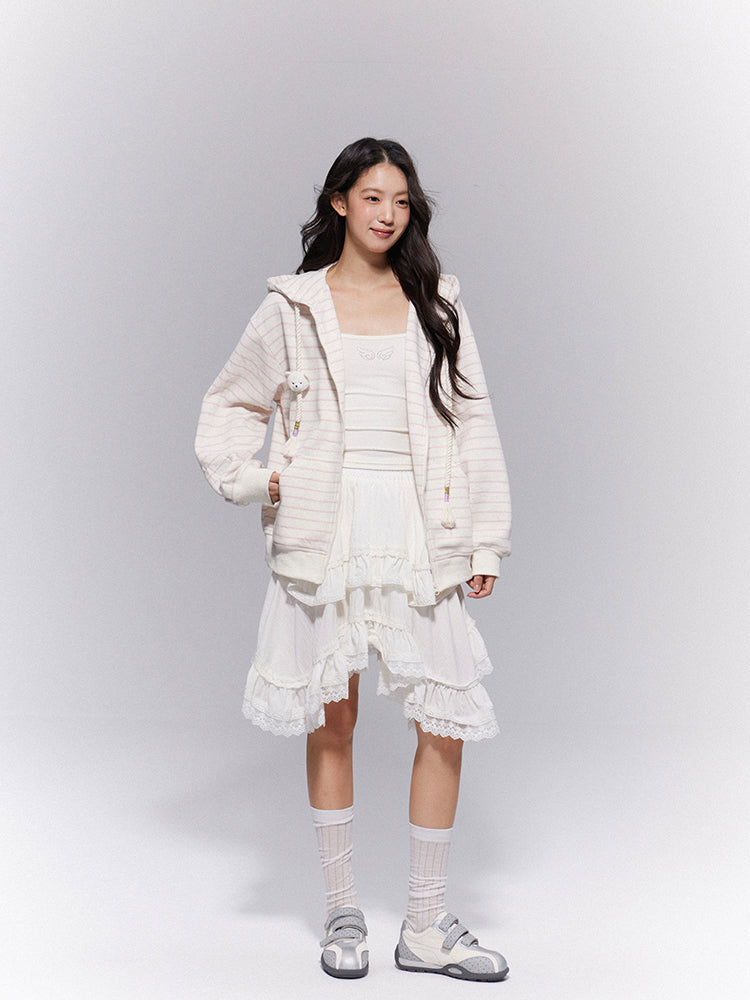 Waist Elastic  with Gothic Trim Lace Skirt Tiered White