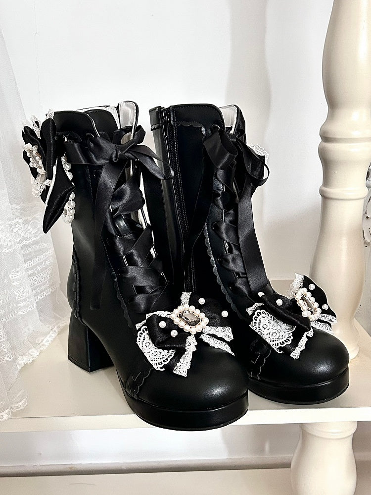 Black Sweet Lolita Boots with Beaded Bow - Sheep Puff
