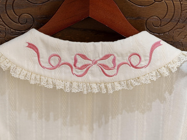 Pink Rosette Embroidery Collar Cream Short Sleeve Blouse - Dream Magic Box