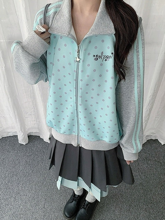 Mint Blue Y2K Polka-Dot Zip-Up Jacket with Stand Collar Design - Solkatt