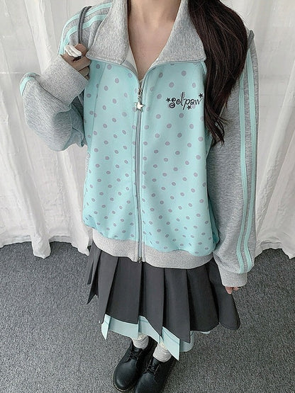 Mint Blue Y2K Polka-Dot Zip-Up Jacket with Stand Collar Design - Solkatt