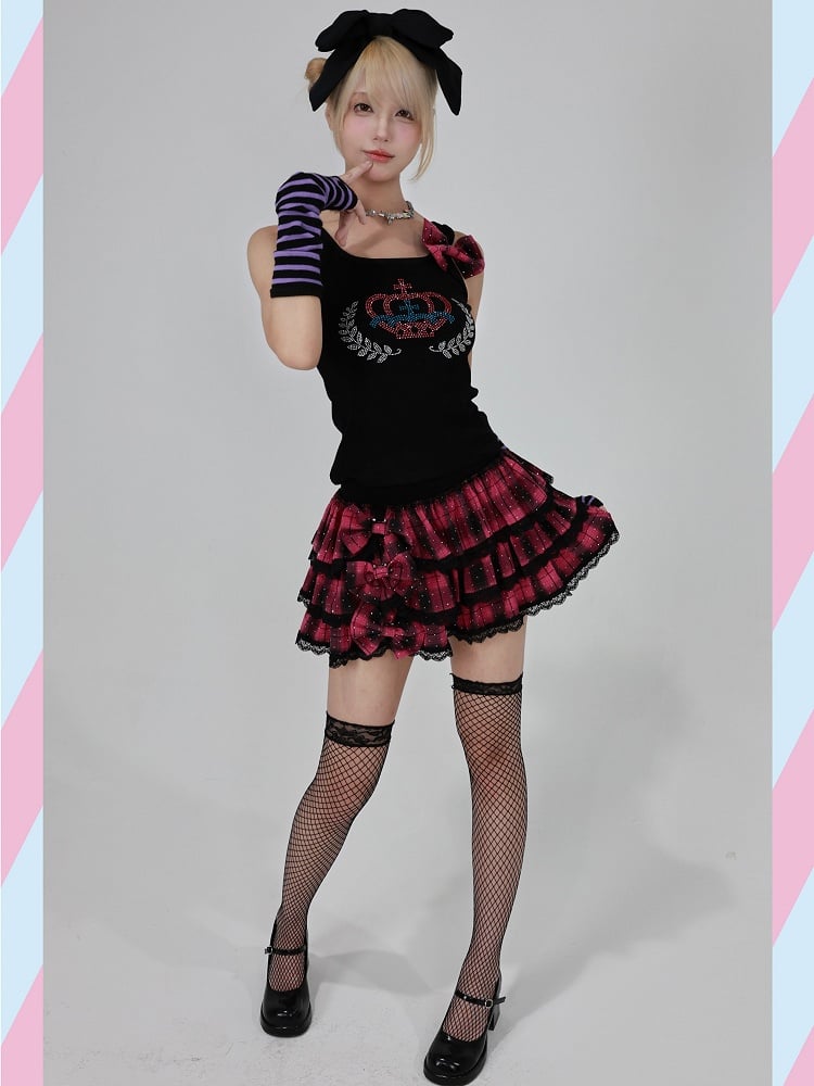Red Plaid Tiered Skirt with Black Lace Trim and Detachable Bow Accents