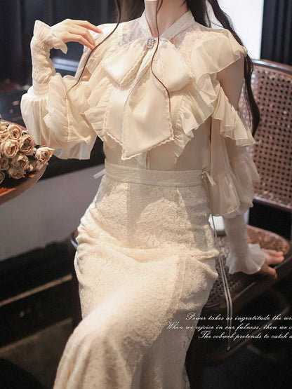 Blouse Jirai Beige Elegance: - Aesthetic Innocent Cutout Clean Kei Flounce Shoulders Chiffon with
