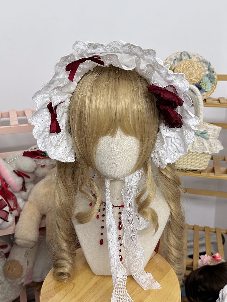 Gothic Red White Lolita Rose Bows With Cotton Bonnet