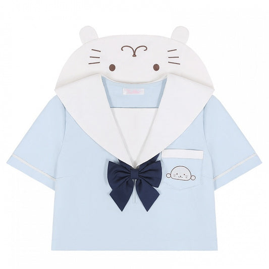Little Seal Light Blue Sailor Collar JK Uniform Top with Free Bow Tie