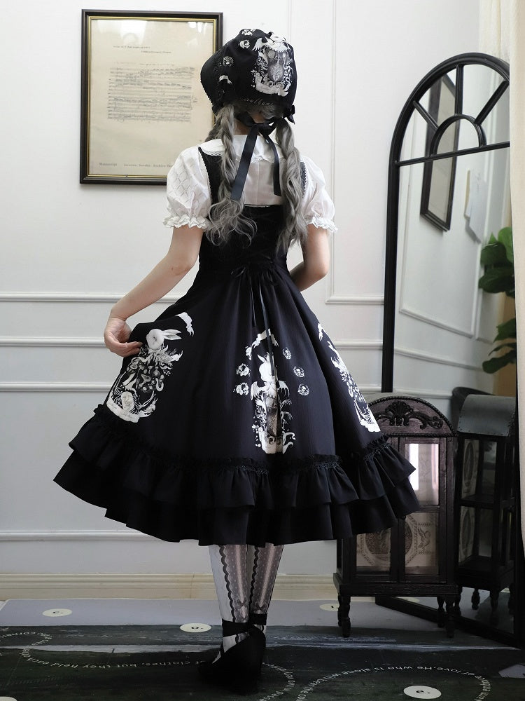 Dark Waist Dress Gothic Bunny Fit Slim Lolita Black Print