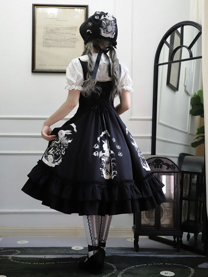 Dunkles Taillenkleid Gothic Bunny Fit Slim Lolita Schwarzer Druck