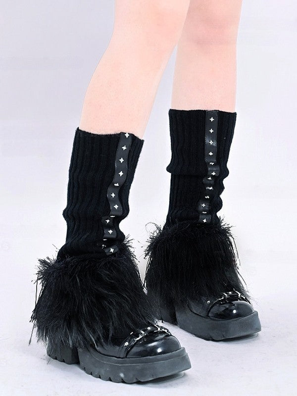 Jambières gothiques noires et blanches en tricot avec poignets en peluche