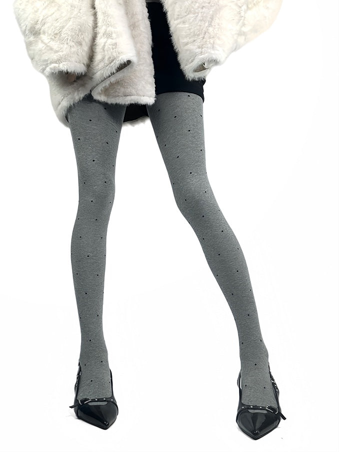 ダークグレー/ライトグレー/レッドの水玉模様の冬用タイツ