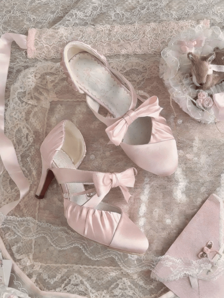 Lolita Satin - Accents Heels Toe Bow Pink Mary Jane Pointed Elegant
