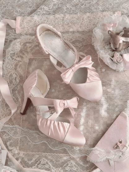 Lolita Satin - Accents Heels Toe Bow Pink Mary Jane Pointed Elegant