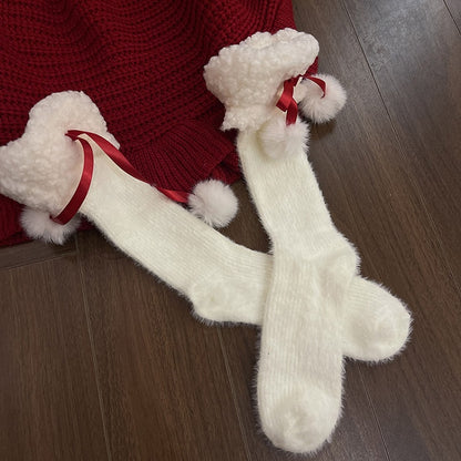 Fleece Ruffled White/Red/Black Calf Socks with Decoration Warm Pom-Pom