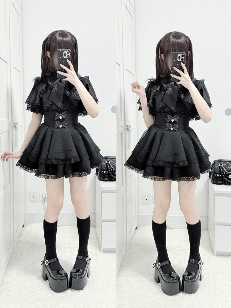 Black Jirai-Kei Lace Butterfly Sleeve Blouse with Hand-tied Bow - shirohato