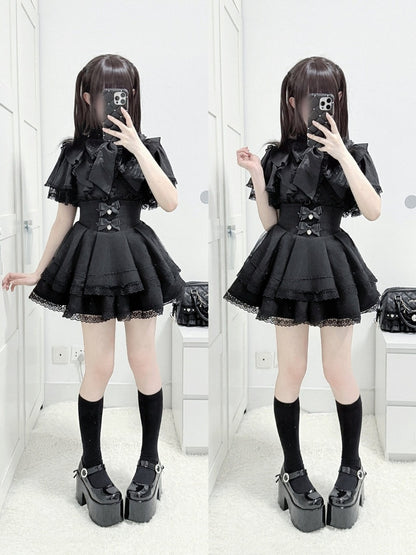 Black Jirai-Kei Lace Butterfly Sleeve Blouse with Hand-tied Bow - shirohato