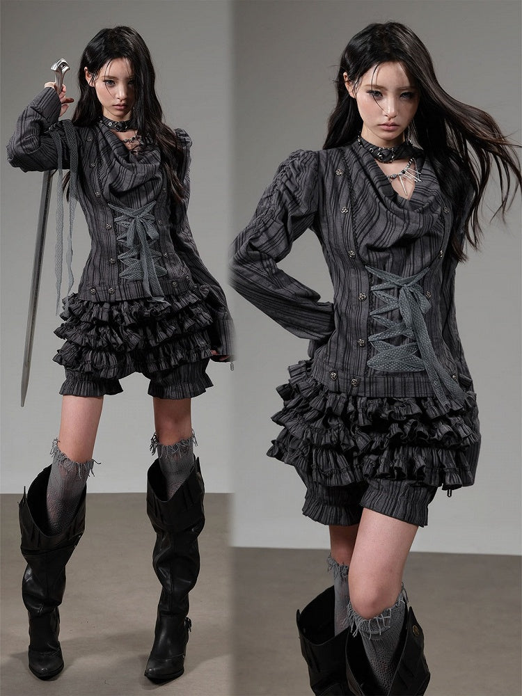 Dark Gray Striped Leg-of-Mutton Sleeves Cowl Neck Top with Lace-Up Details - Blazed Field