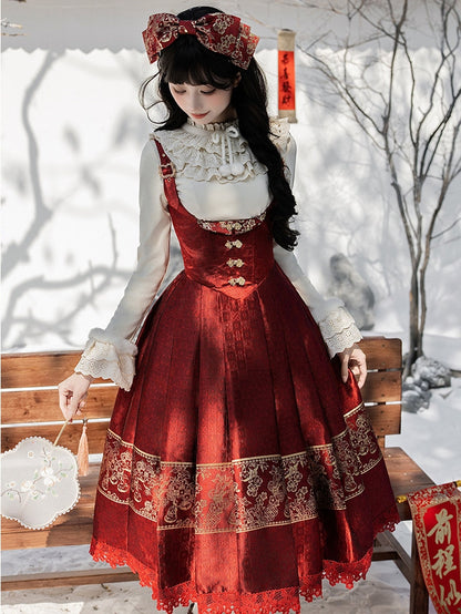 Bust Under New Bow + Long Gold KC Year Beige Version Lolita Top Red Knit JSK